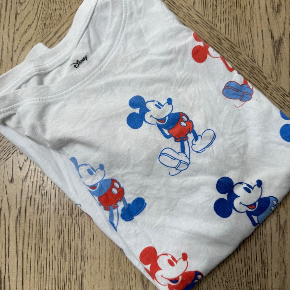 Disney Mickey Mouse Red Blue Graphic T Shirt Short Sleeve Crew Neck White Size L